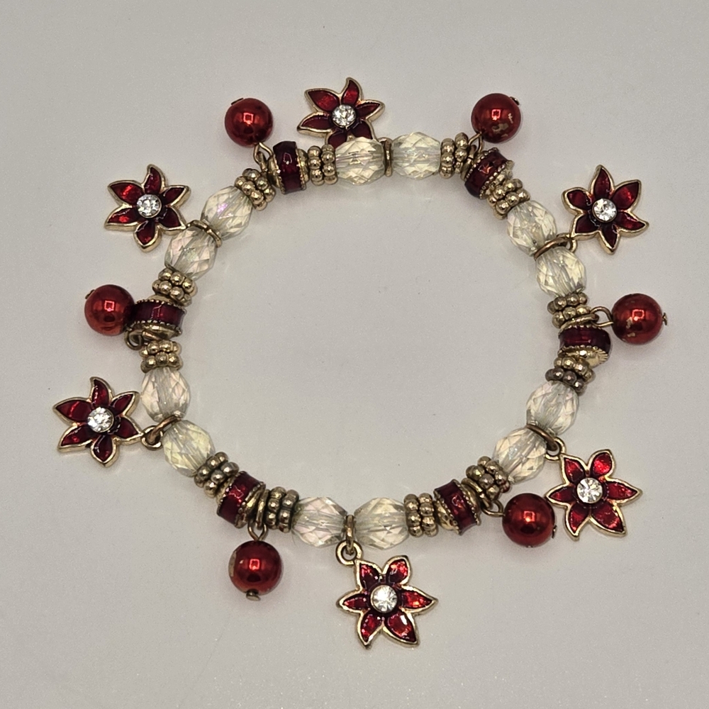 Kenneth Cole‎ Red Flower Charm Bracelet Crystal Beads Stretch Holiday Jewelry